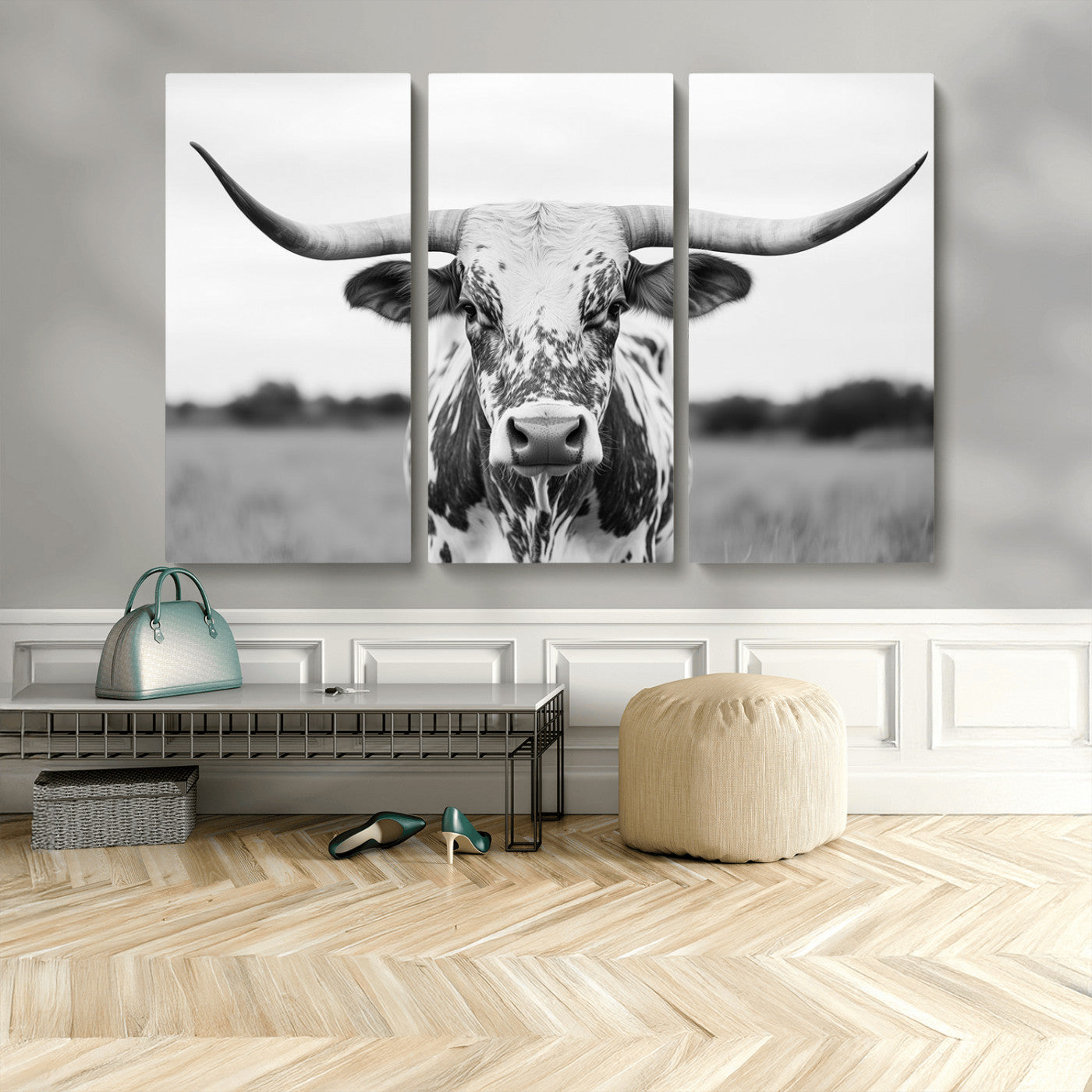 MGV-CV-48X32-3P - Highland Cow Wall Art - Black and White Western Longhorn Canvas Print - Farmhouse Living Room Decor