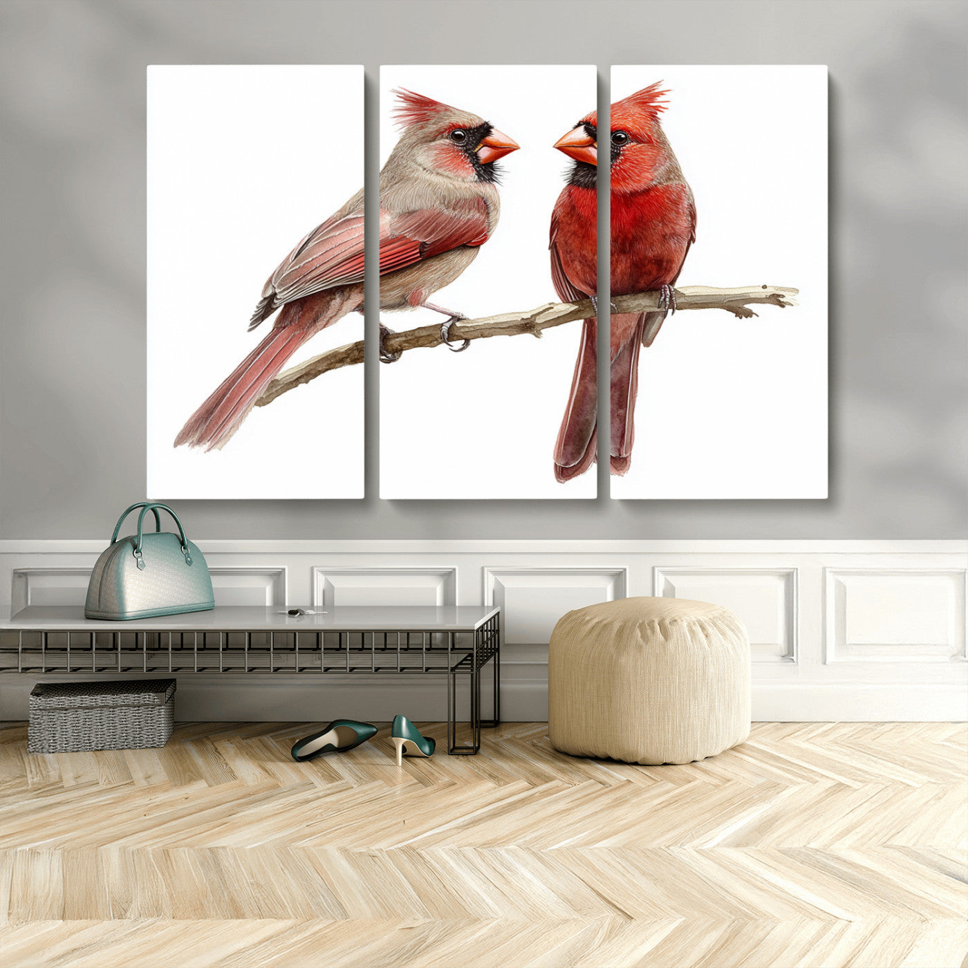 MGV-CV-48X32-3P - Cardinal Bird Canvas Wall Art - Male and Female Cardinal Print - Abstract Bird Wall Decor for Home -
