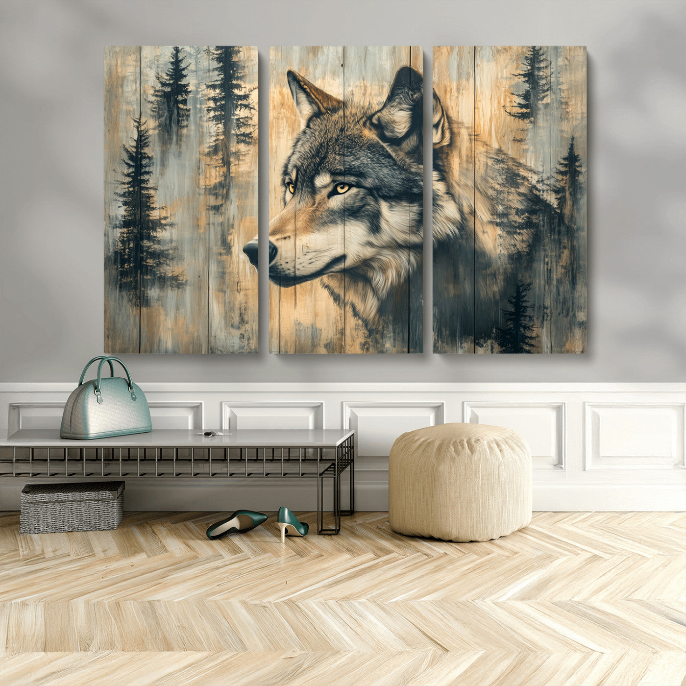 MGV-CV-48X32-3P - Wood Style Rustic Wolf Wall Art Canvas Print, Vintage Woodland Wolf Wall Art, Framed Wood Style Wolf
