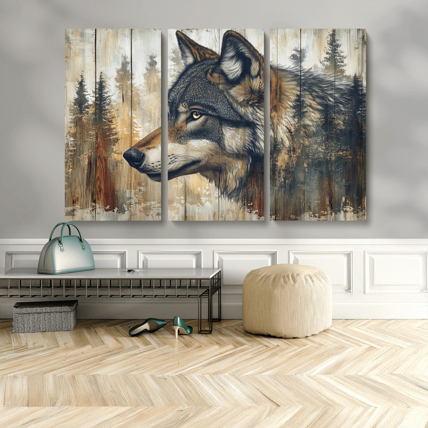 MGV-CV-48X32-3P - Rustic Wolf Wall Art Canvas Print, Vintage Woodland Wolf Wall Art
