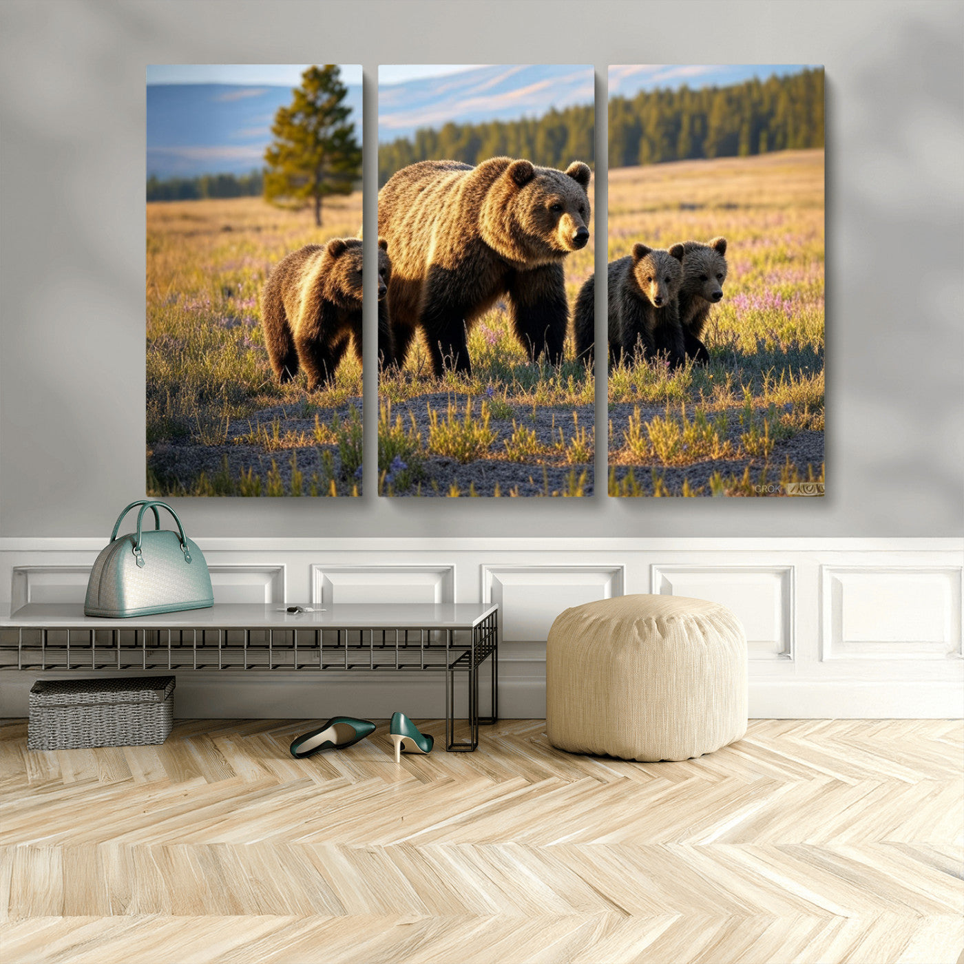MGV-CV-48X32-3P - Grizzly 399 in Wild Flowers Wall Art Canvas Print, Grizzly Bears Wall Art, Queen of Grand Teton