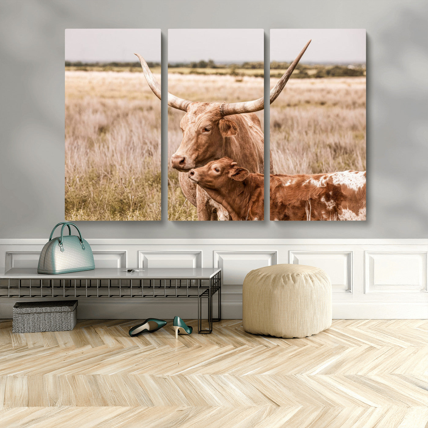 MGV-CV-48X32-3P - Texas Longhorn Cow Wall Art Canvas Print for Farmhouse Wall Art, Texas Decor, Western Wall Art Print