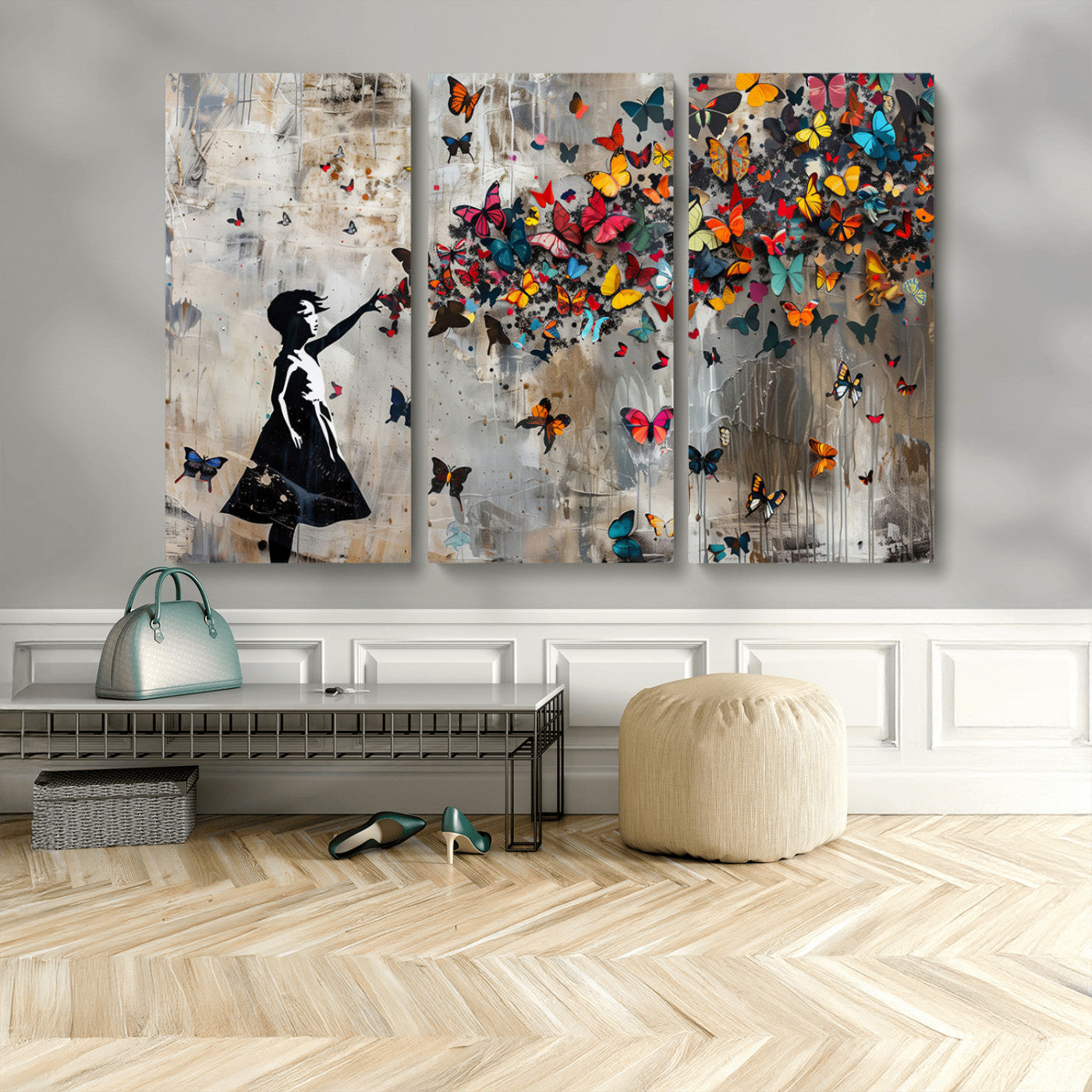 MGV-CV-48X32-3P - Banksy Butterfly Girl Wall Art | 3-Piece Butterfly Girl Canvas
