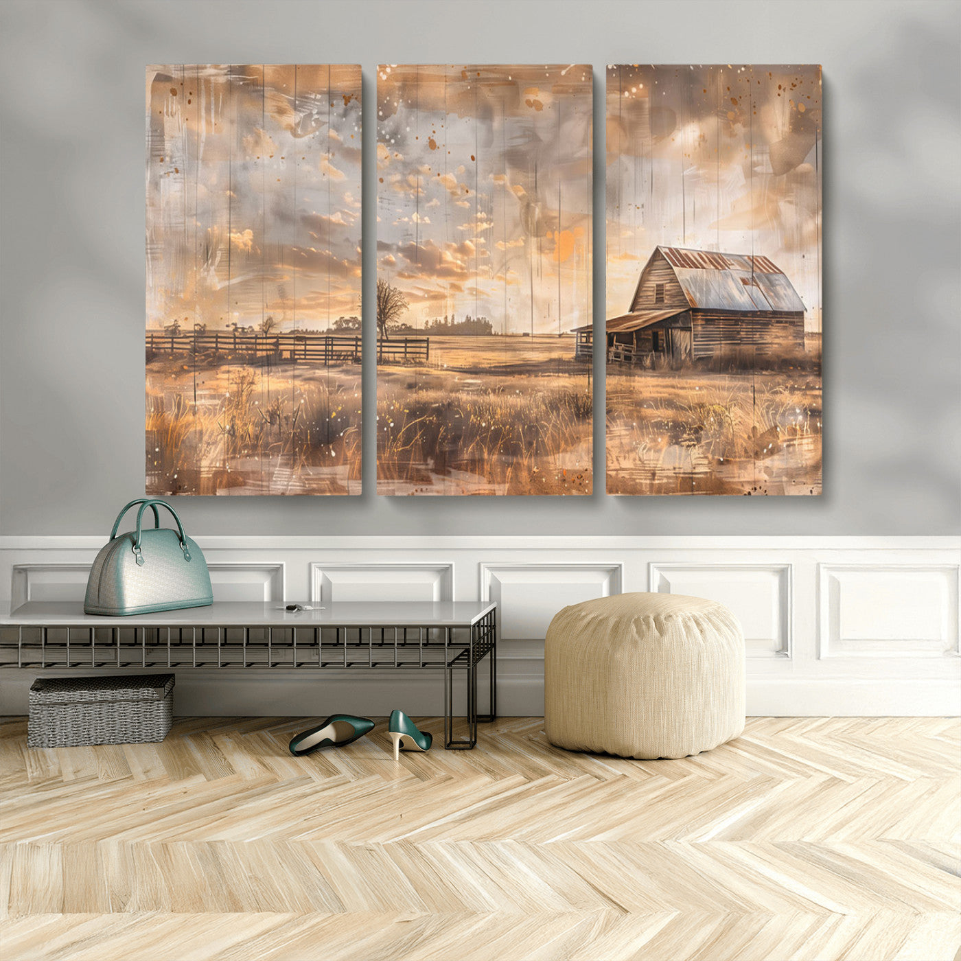 MGV-CV-48X32-3P - Rustic Farmhouse Wall Art Canvas Print | Barn and Field Canvas Print | Vintage Country Landscape
