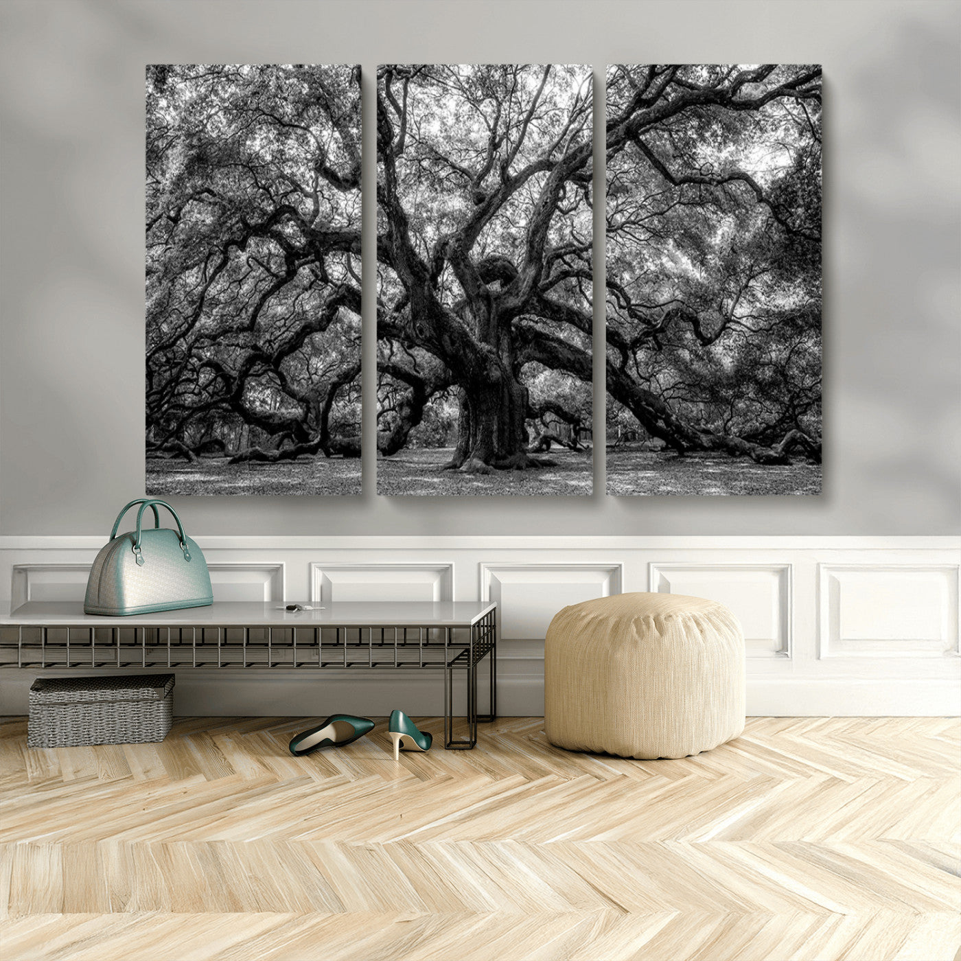 MGV-CV-48X32-3P - Black and White Old Angel Oak Tree Wall Art Canvas Print