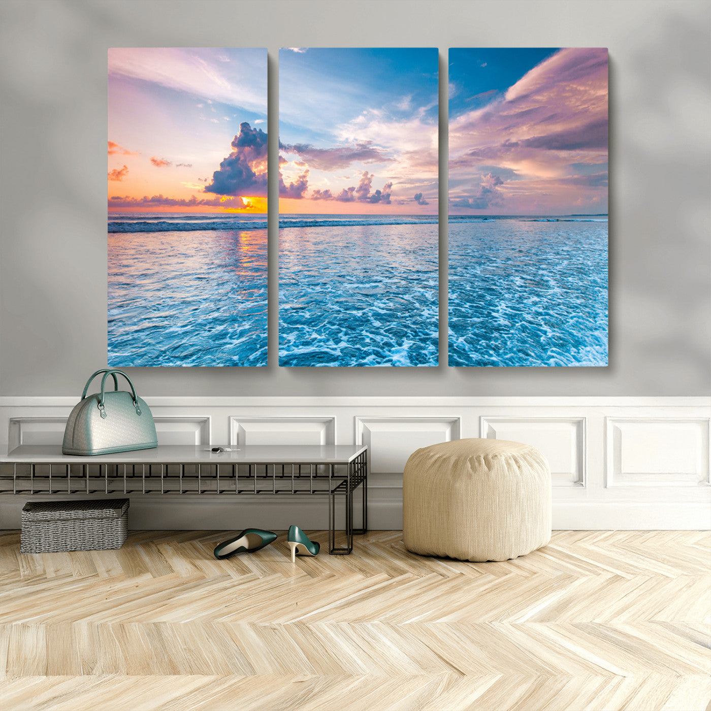 MGV-CV-48X32-3P - Ocean Sunset Canvas Wall Art Print - Tranquil Seascape with Vibrant Sky and Rolling Waves Canvas
