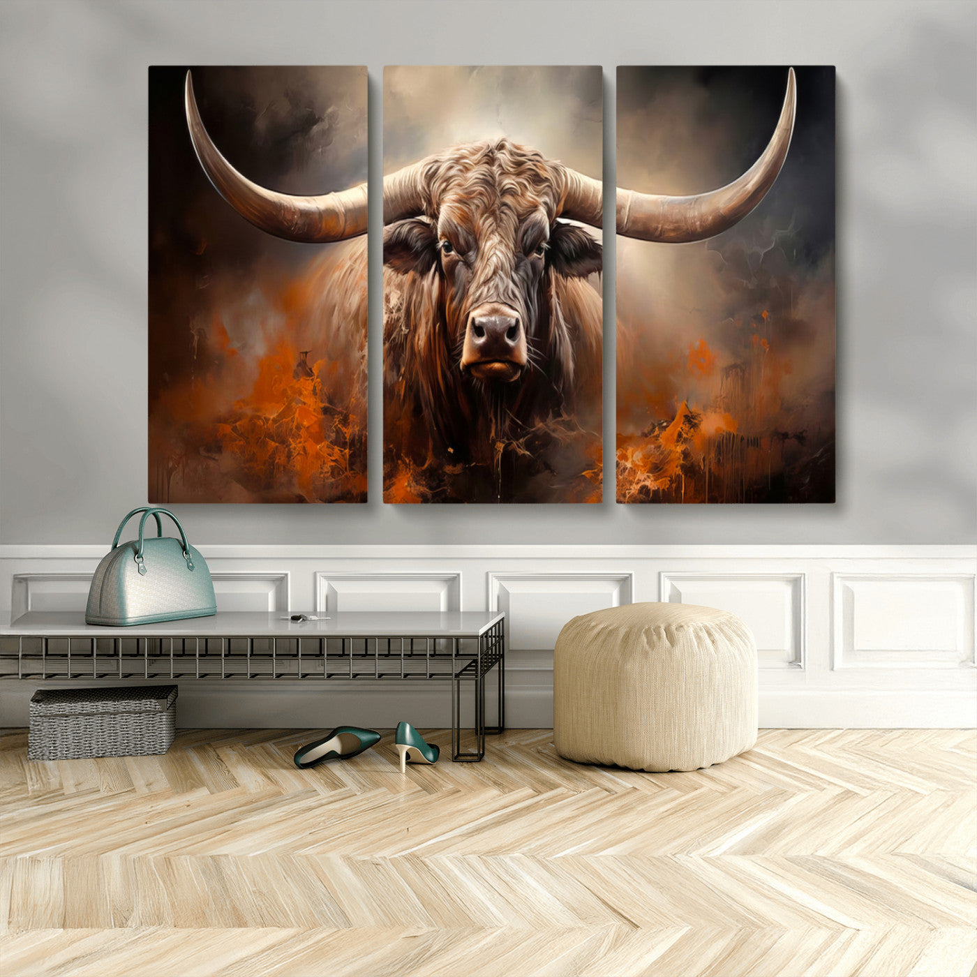 MGV-CV-48X32-3P - Highland Bull Canvas Abstract Canvas Wall Art Print – Powerful Highland Bull with Striking Horns in