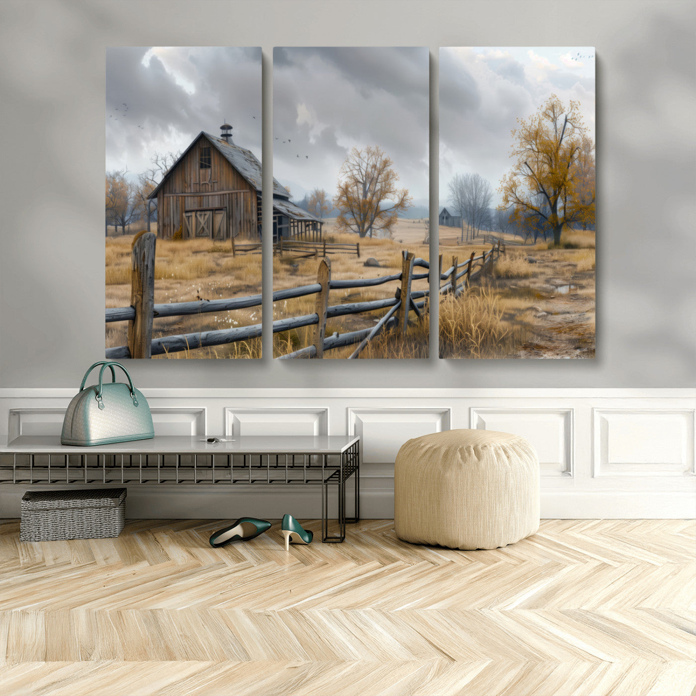 MGV-CV-48X32-3P - Rustic Autumn Farmhouse Wall Art Canvas Print – Serene Countryside Scene with Weathered Barn and