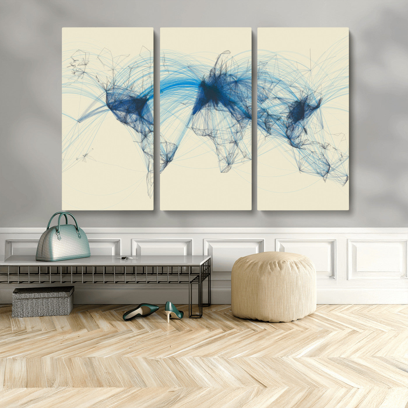 MGV-CV-48X32-3P - Flight Routes Map art Air Traffic Avi World Map with Blue Connections Canvas Wall Art – Modern