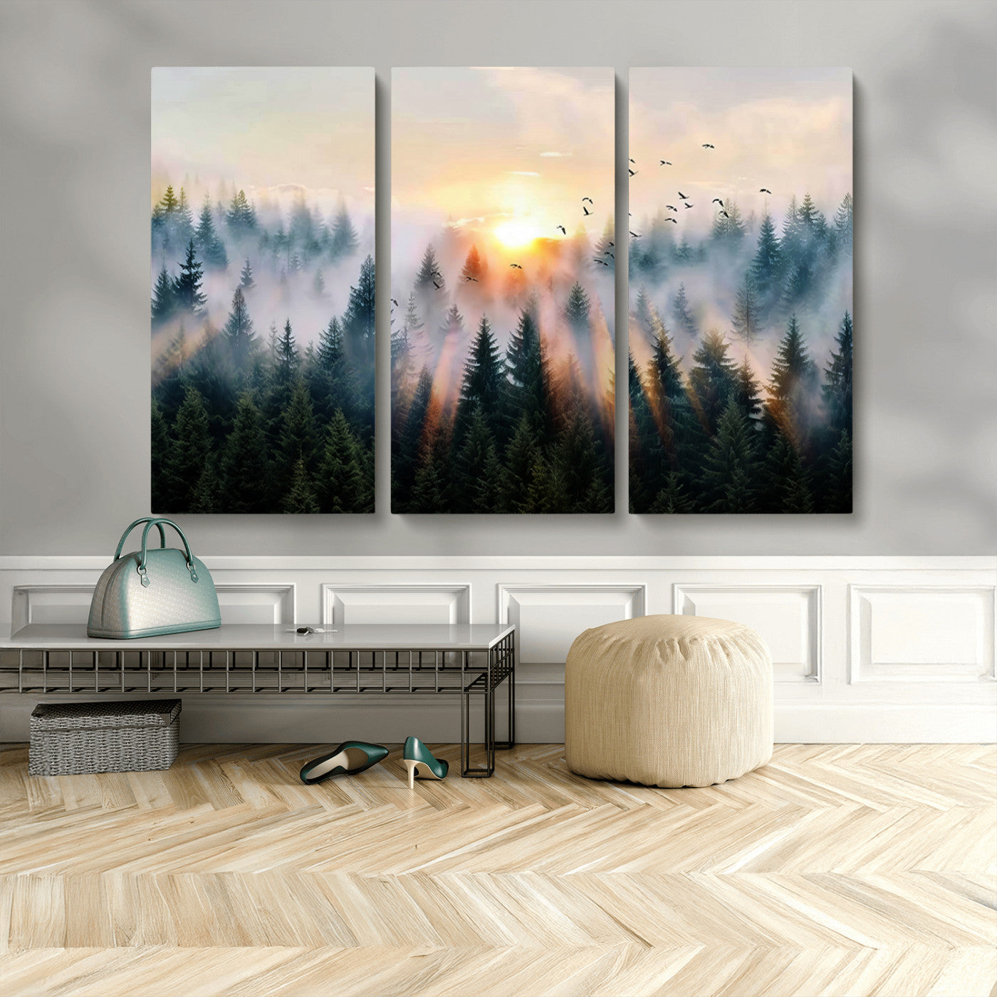 MGV-CV-48X32-3P - Abstract Forest Wall Art - Serene Nature Canvas Print with Misty Forest Design for Modern Home or