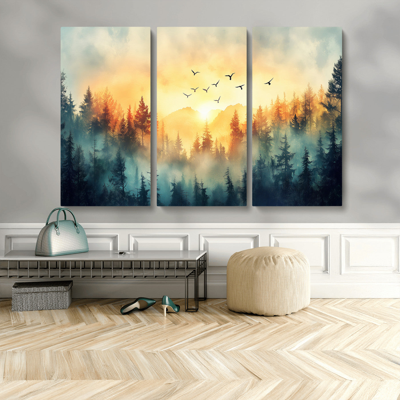 MGV-CV-48X32-3P - Abstract Forest Wall Art Print- Serene Nature Canvas Print with Misty Forest Design for Modern Home