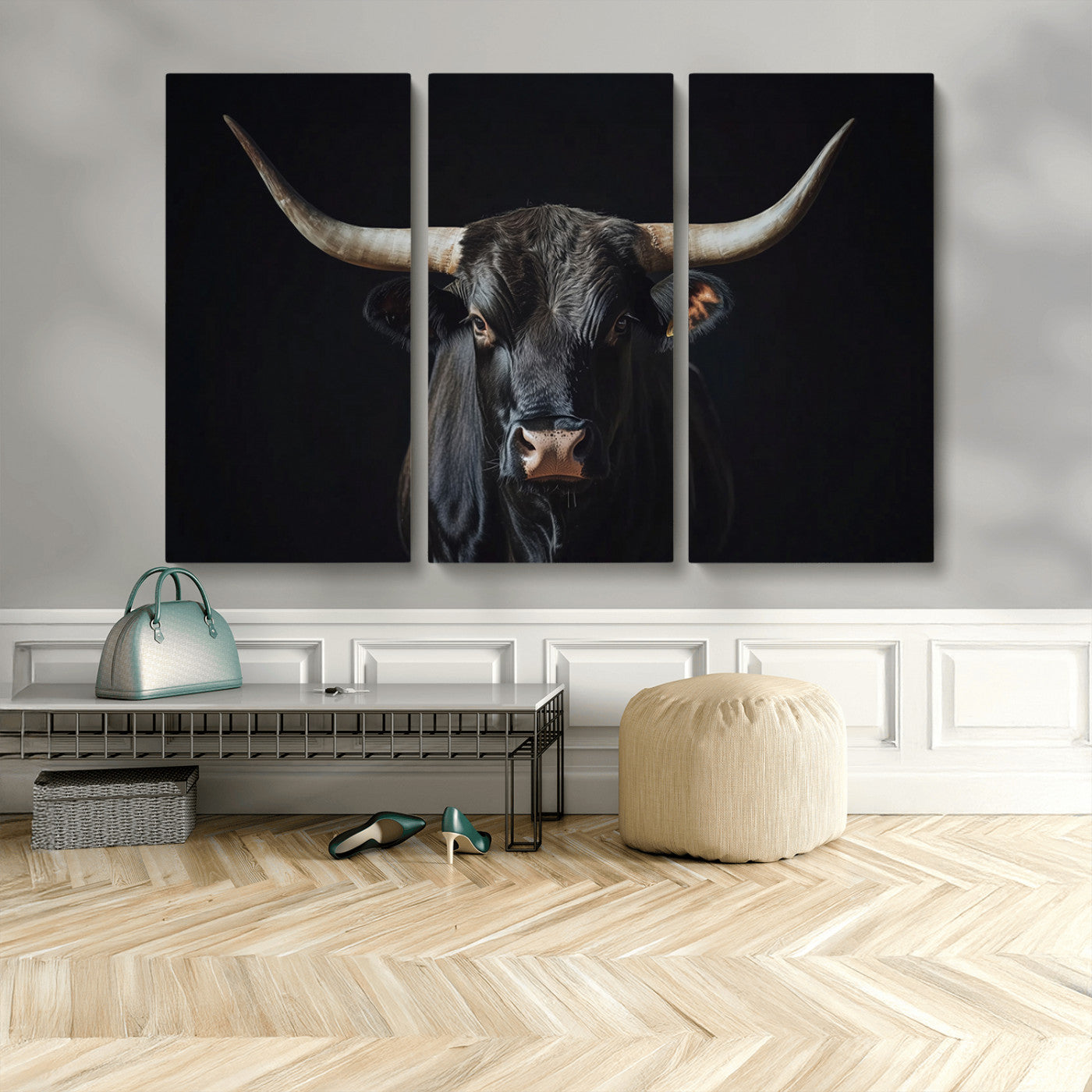 48065167-MGV-CV-48X32-3P-Majestic Longhorn Bull Wall Art Canvas Print – Dark Background Western Ranch Portrait Artwork for Home, Office