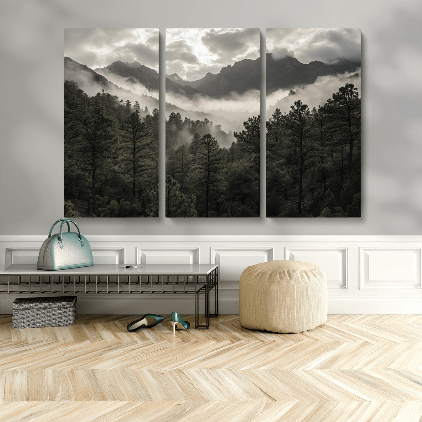 MGV-CV-48X32-3P - Misty Mountain Forest Wall Art – Canvas Print of Cloudy Peaks, Tranquil Pines, Enchanted Landscape, Majestic Nature Decor for Home or Office