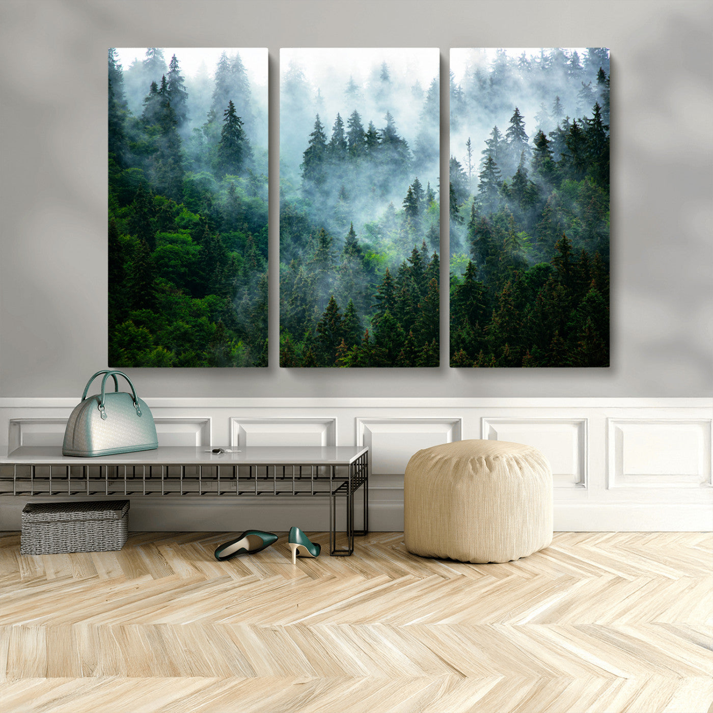 MGV-CV-48X32-3P - Misty Forest Art Wall Art Canvas Print, Framed Foggy Mountain Art Art Picture Print, Scenic Wall