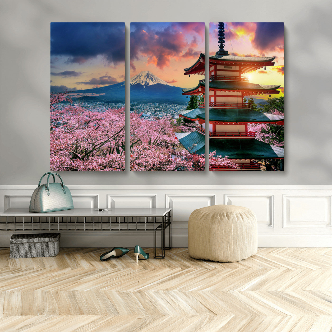 MGV-CV-48X32-3P - Mount Fuji & Cherry Blossom Wall Art Canvas Print – Iconic Japanese Landscape, Sakura Pagoda Sunset,