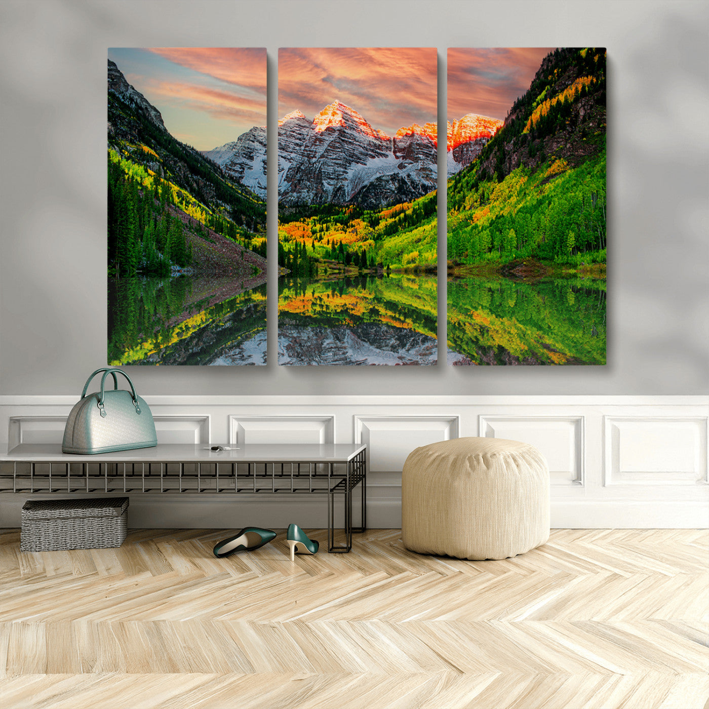 MGV-CV-48X32-3P - Maroon Bells Lake Wall Art Canvas Print – Majestic Colorado Mountain Landscape, Autumn Reflection,
