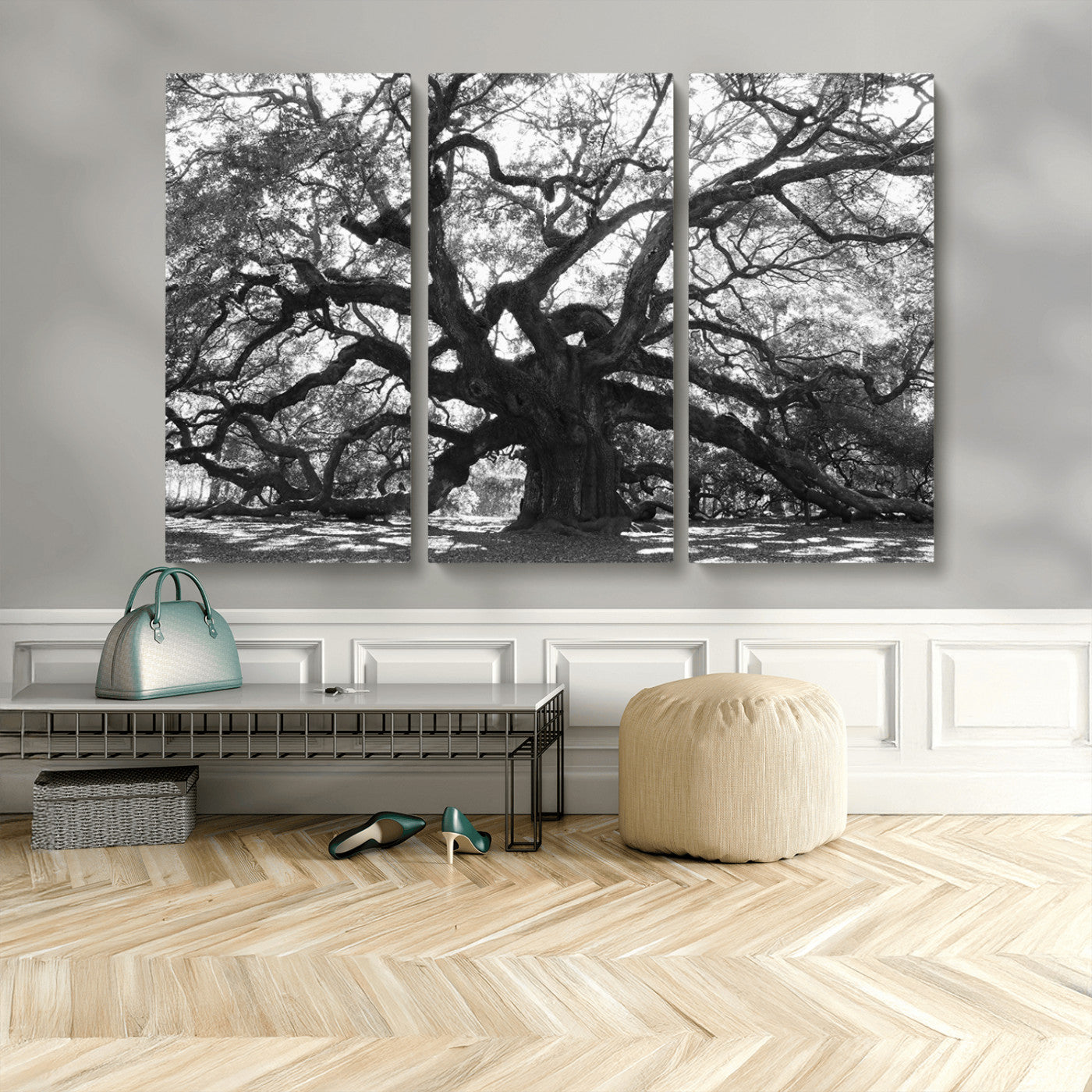 MGV-CV-48X32-3P - Ancient Oak Wall Art Canvas Print, Framed Twisted Branches Art Picture Print, Gnarled Tree Perfect Moody Nature Decor Artwork
