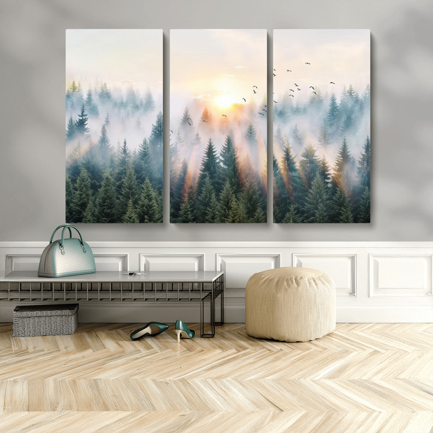 MGV-CV-48X32-3P - Misty Pine Forest Wall Art Canvas, Sunrise Over Foggy Trees Canvas for Home - Office, Framed