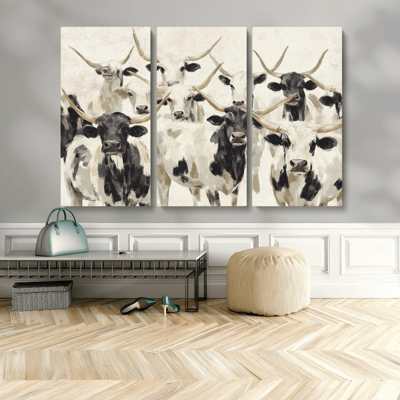 MGV-CV-48X32-3P - Longhorn Texas Cow Drawing Abstract Wall Art Canvas Print for Farmhouse Decor, Texas Bull Printing