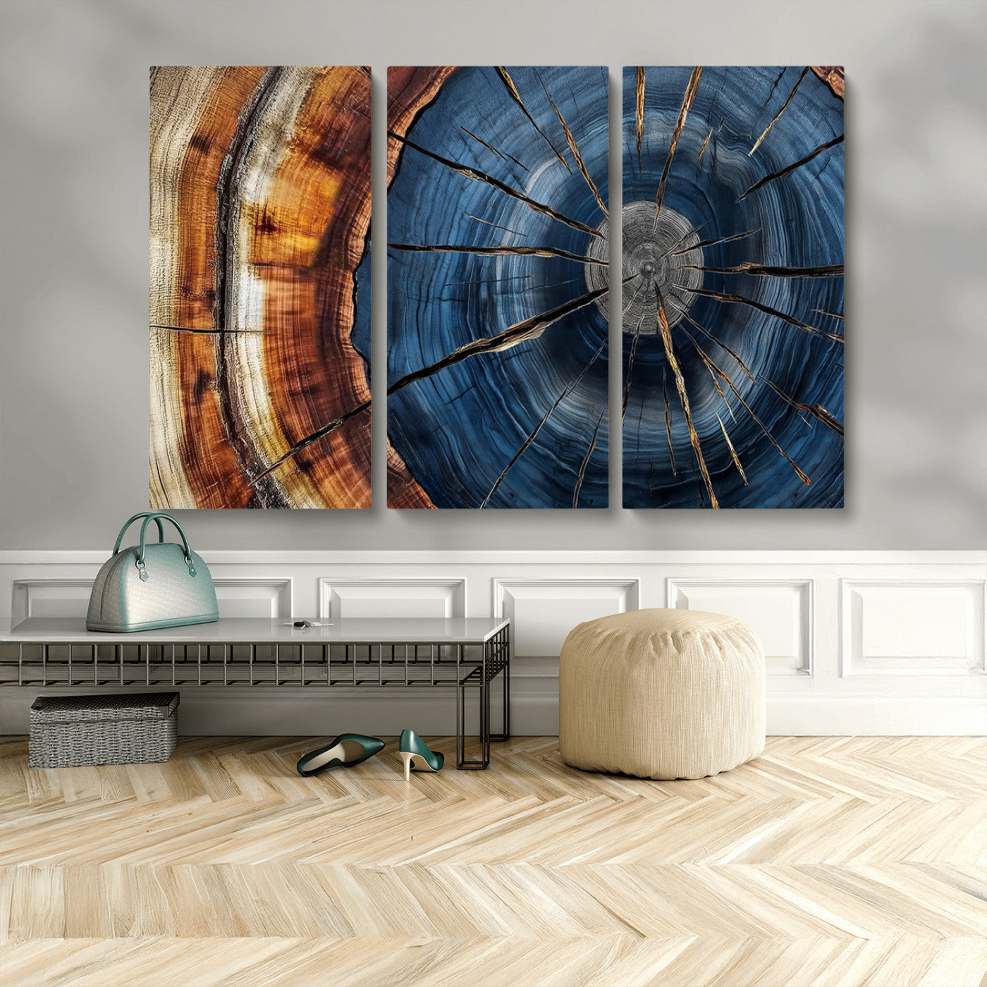 MGV-CV-48X32-3P - Framed Abstract Tree Ring Wall Art Print, Natural Rustic Wood Texture Canvas Print, Wood Tree Stump