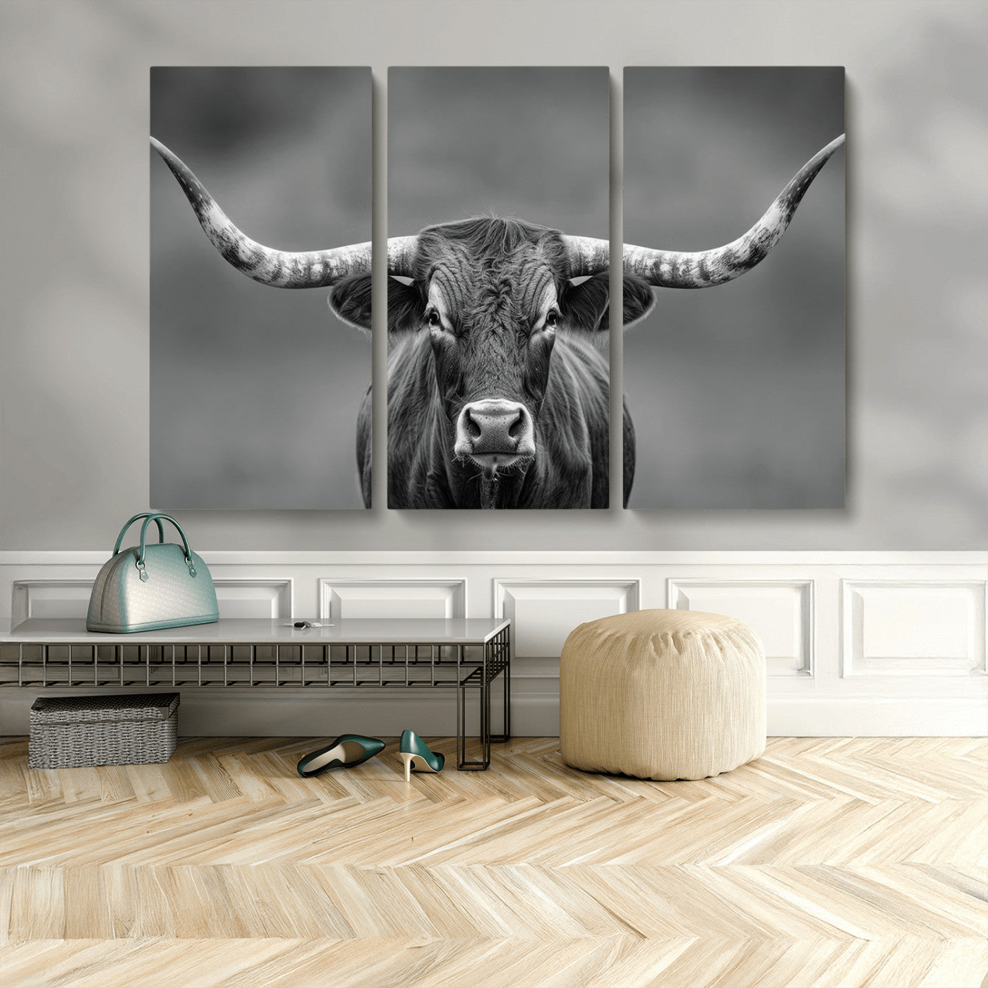 MGV-CV-48X32-3P - Framed Texas Longhorn Bull Art Canvas Print, Western Bull Wall Art Print, Long Horn Bull Photo Print