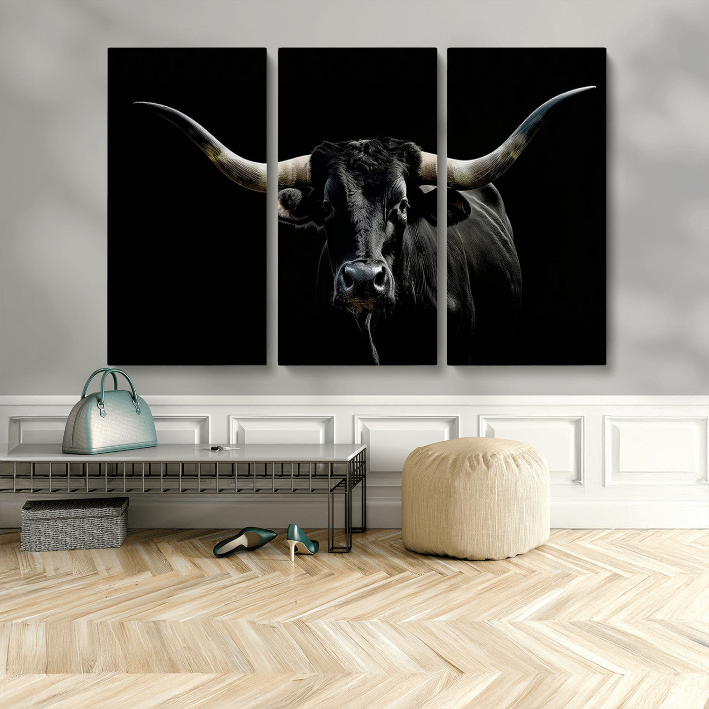 MGV-CV-48X32-3P - Texas Black Bull Wall Art Print, Longhorn Bull Canvas Wall Art