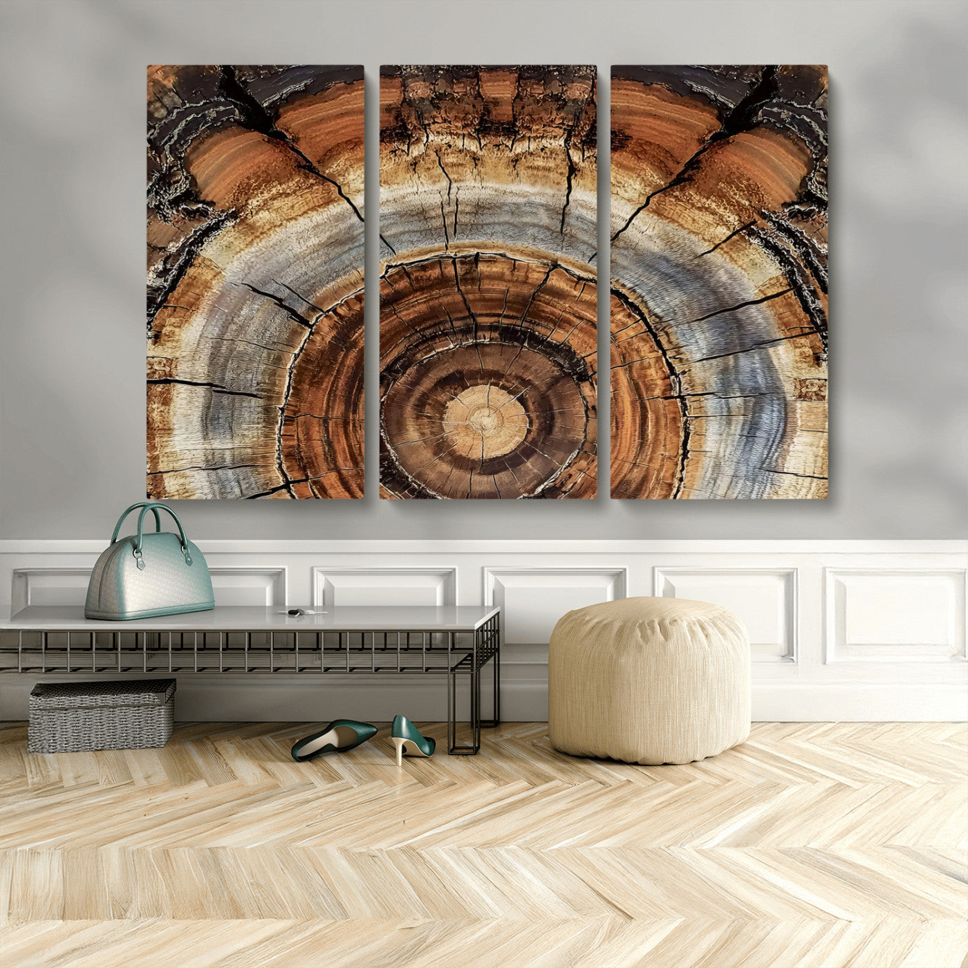 MGV-CV-48X32-3P - Tree Rings Wall Art Canvas Print, Framed Wood Texture Art Picture Print, Rustic Pattern Perfect Rustic Organic Decor Artwork