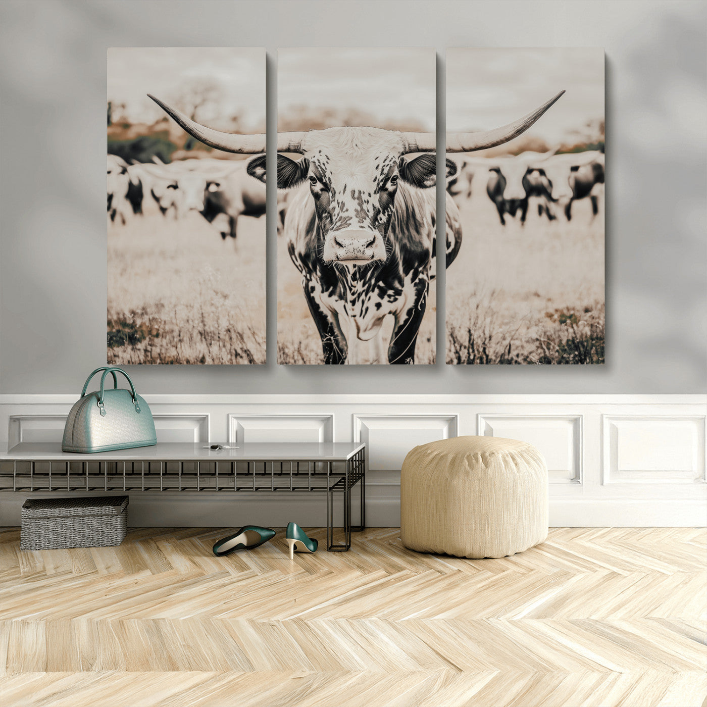 MGV-CV-48X32-3P - Texas Longhorn Wall Art Canvas Print, Framed Speckled Cow Art Picture Print, Horned Cattle Perfect Rustic Western Decor Artwork