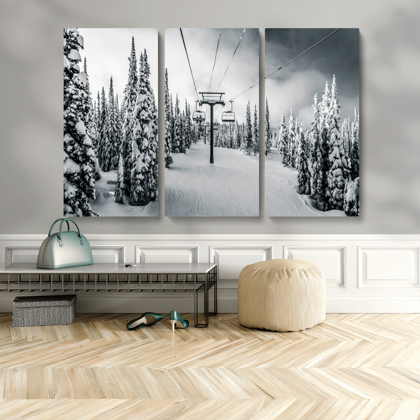 MGV-CV-48X32-3P - Snowy Pines Wall Art Canvas Print, Framed Ski Lift Art Picture Print, Winter Forest Perfect Moody Lodge Decor Artwork