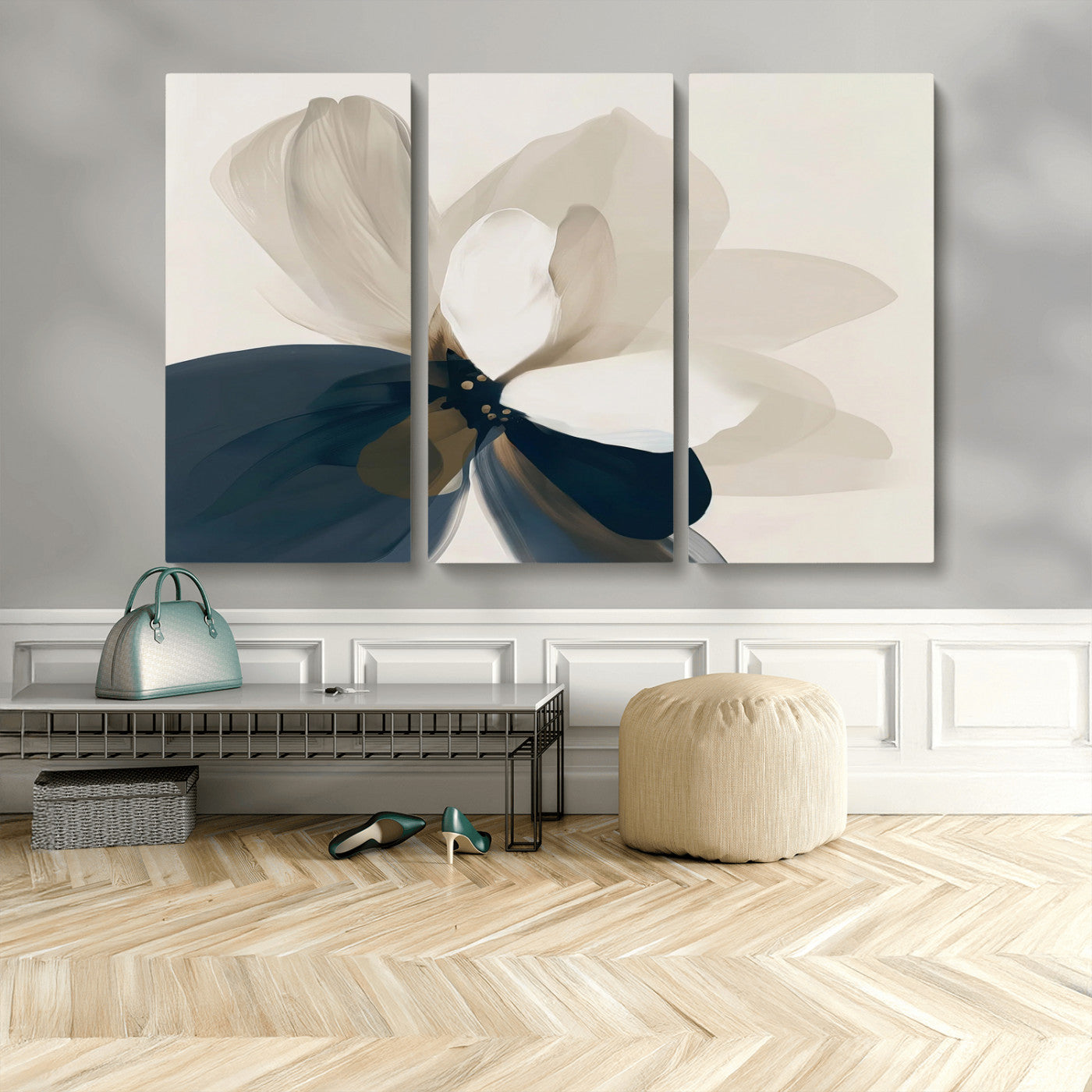 MGV-CV-48X32-3P - Minimal Flower Wall Art Canvas Print, Framed Flower Drawing Art Picture Print, Beige Bloom Perfect Modern Botanical Decor Artwork