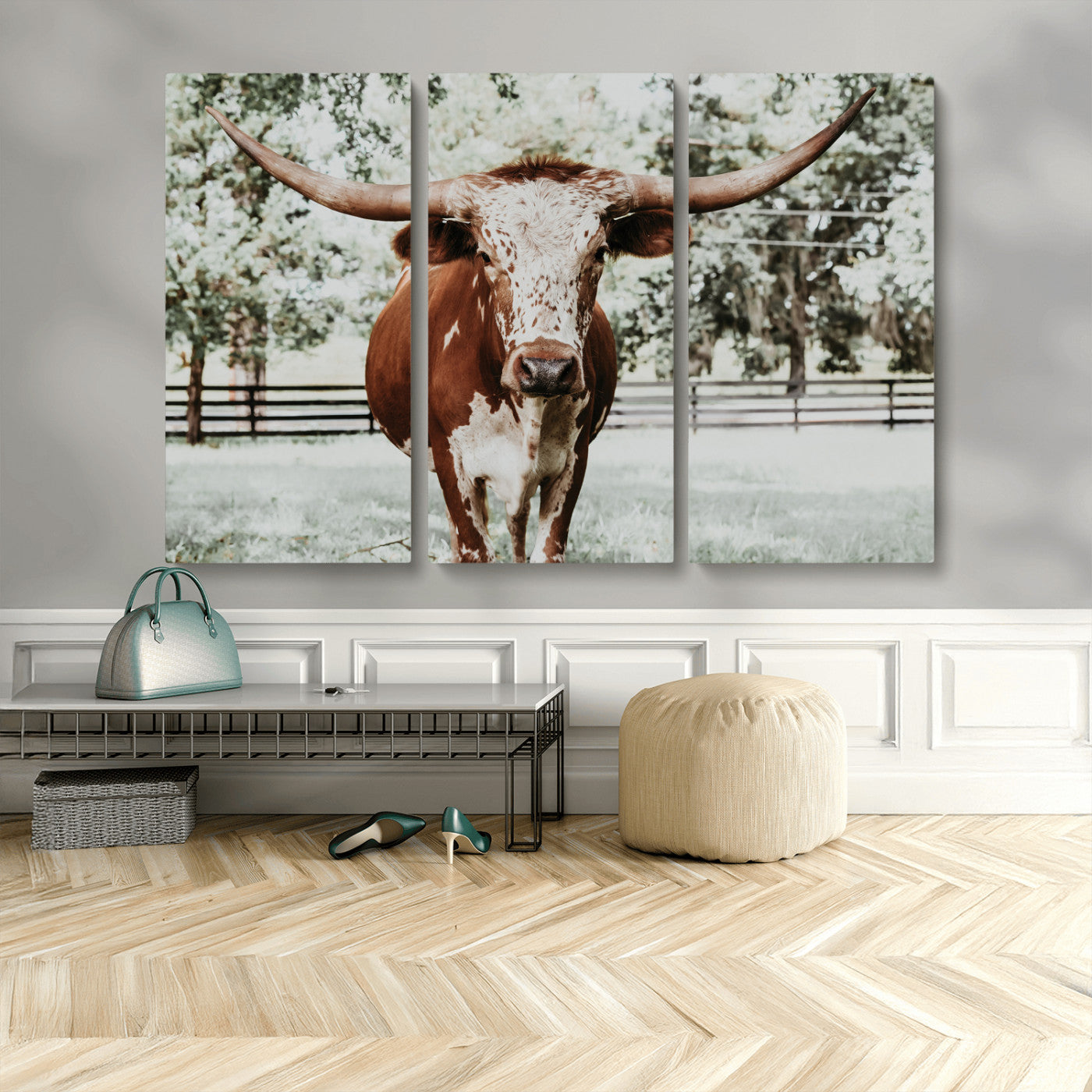 MGV-CV-48X32-3P - Texas Longhorn Wall Art Canvas Print, Framed Spotted Cow Art Picture Print, Horned Cattle Perfect Rustic Western Decor Artwork