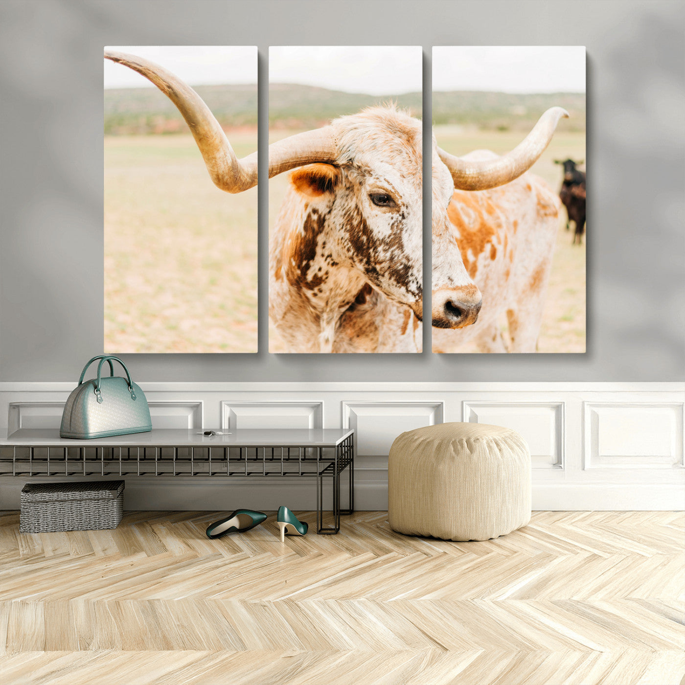 MGV-CV-48X32-3P - Texas Longhorn Wall Art Canvas Print, Framed Spotted Cow Art Picture Print, Horned Cattle Perfect Rustic Western Decor Artwork