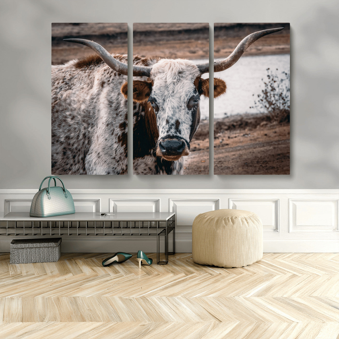 MGV-CV-48X32-3P - Texas Longhorn Wall Art Canvas Print, Framed Spotted Cow Art Picture Print, Horned Cattle Perfect Rustic Western Decor Artwork
