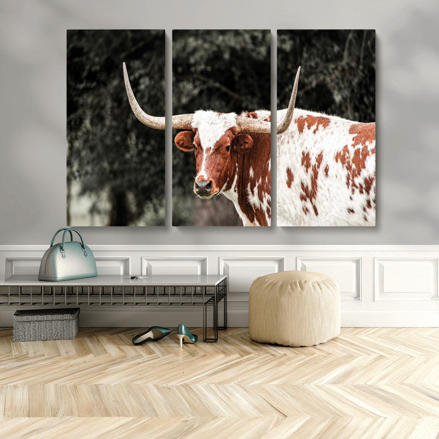 MGV-CV-48X32-3P - Texas Longhorn Wall Art Canvas Print, Framed Spotted Cow Art Picture Print, Horned Bull Perfect Rustic Western Decor Artwork