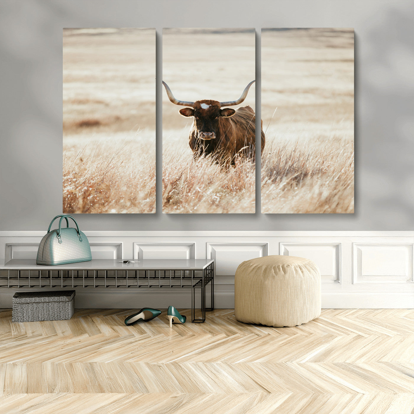 MGV-CV-48X32-3P - Texas Longhorn Wall Art Canvas Print, Framed Brown Cattle Art Picture Print, Horned Bull Perfect Rustic Western Decor Artwork