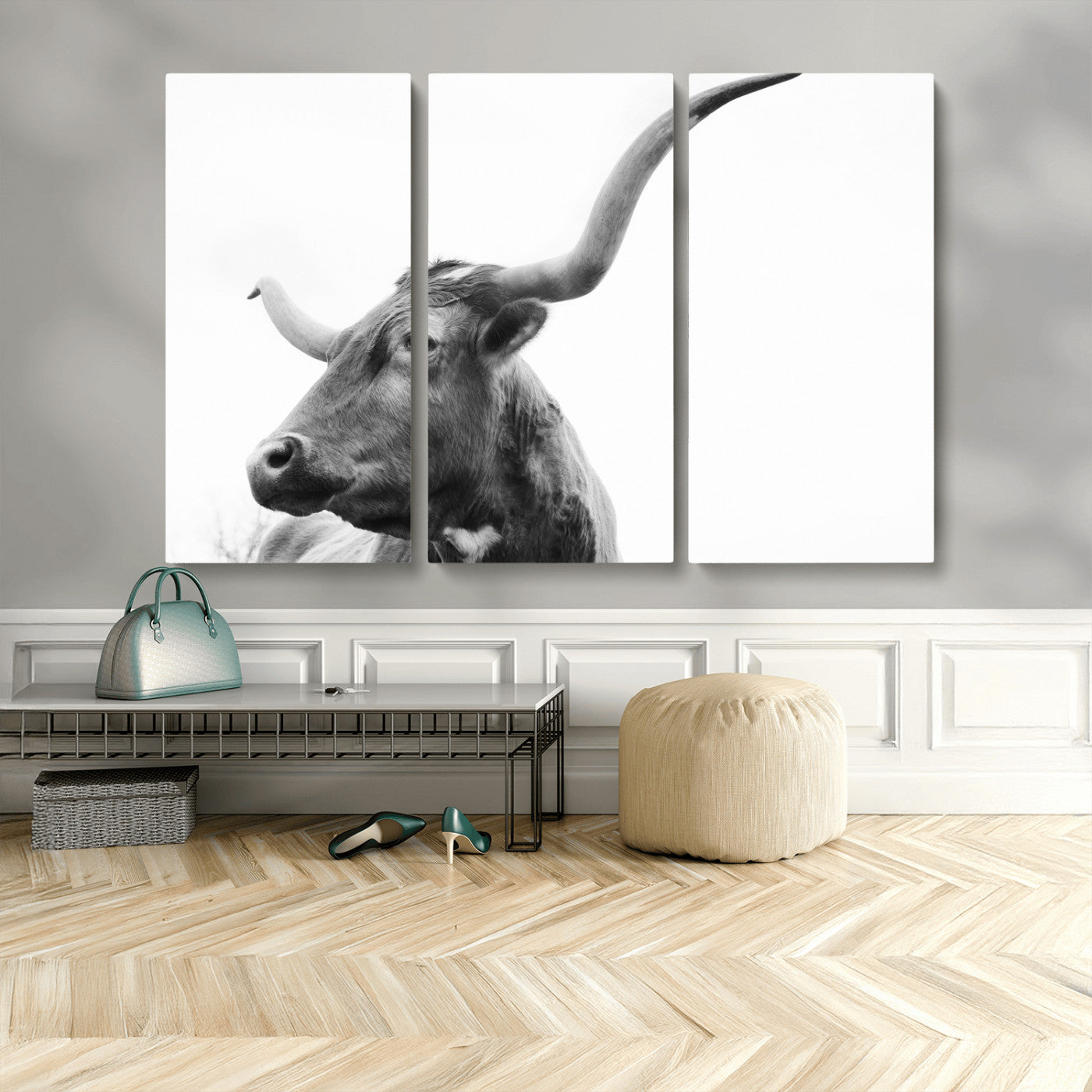 MGV-CV-48X32-3P - Longhorn Wall Art Wall Art Canvas Print, Framed Modern Ranch Style Art Art Picture Print, Monochrome Cow Print Perfect Rustic Western Decor Artwork