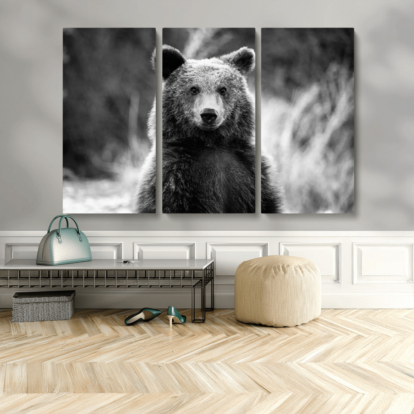 MGV-CV-48X32-3P - Grizzly Bear Wall Art Canvas Print, Framed Black White Bear Art Picture Print, Wild Bear Perfect Rustic Wildlife Decor Artwork