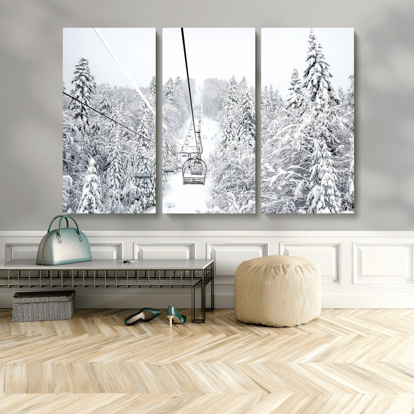 MGV-CV-48X32-3P - Snowy Mountains Wall Art Canvas Print, Framed Ski Lift Art Picture Print, Winter Forest Perfect