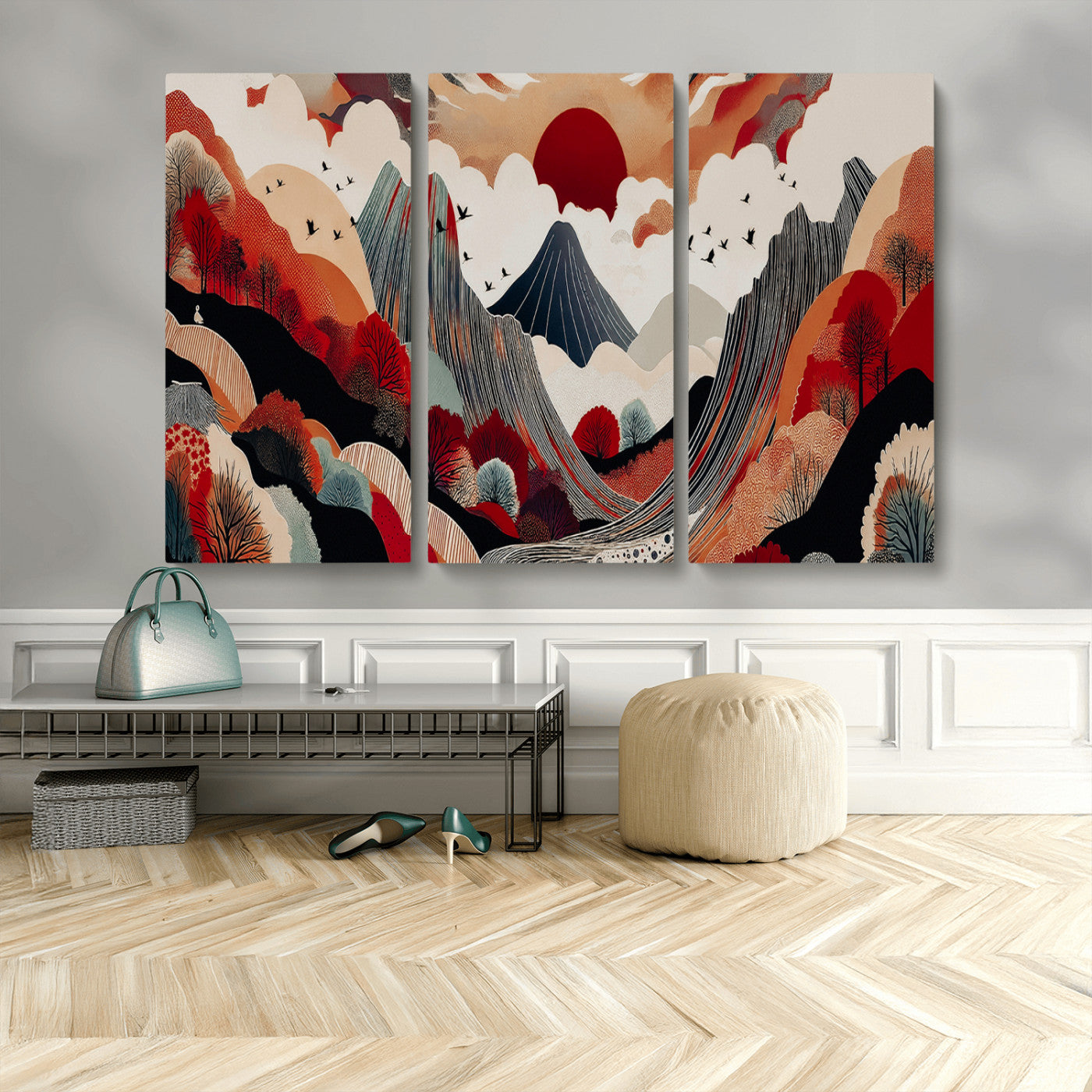 MGV-CV-48X32-3P - Abstract Mountain Wall Art Canvas Print, Framed Vibrant Landscape Art Picture Print, Stylized Nature Drawing Perfect Contemporary Minimalist Decor Artwork