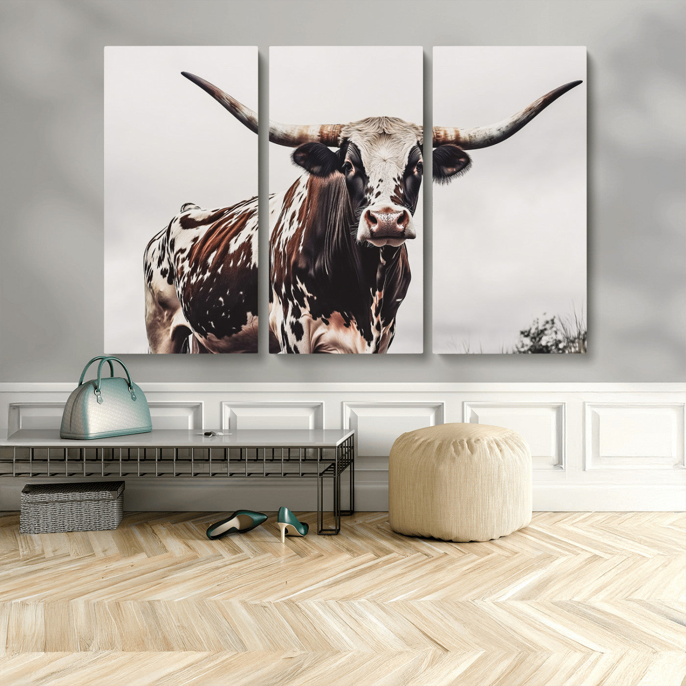 Close-up of a Texas Longhorn bull with powerful horns, perfect for rustic farmhouse or country-themed home decor. Ideal for animal lovers.