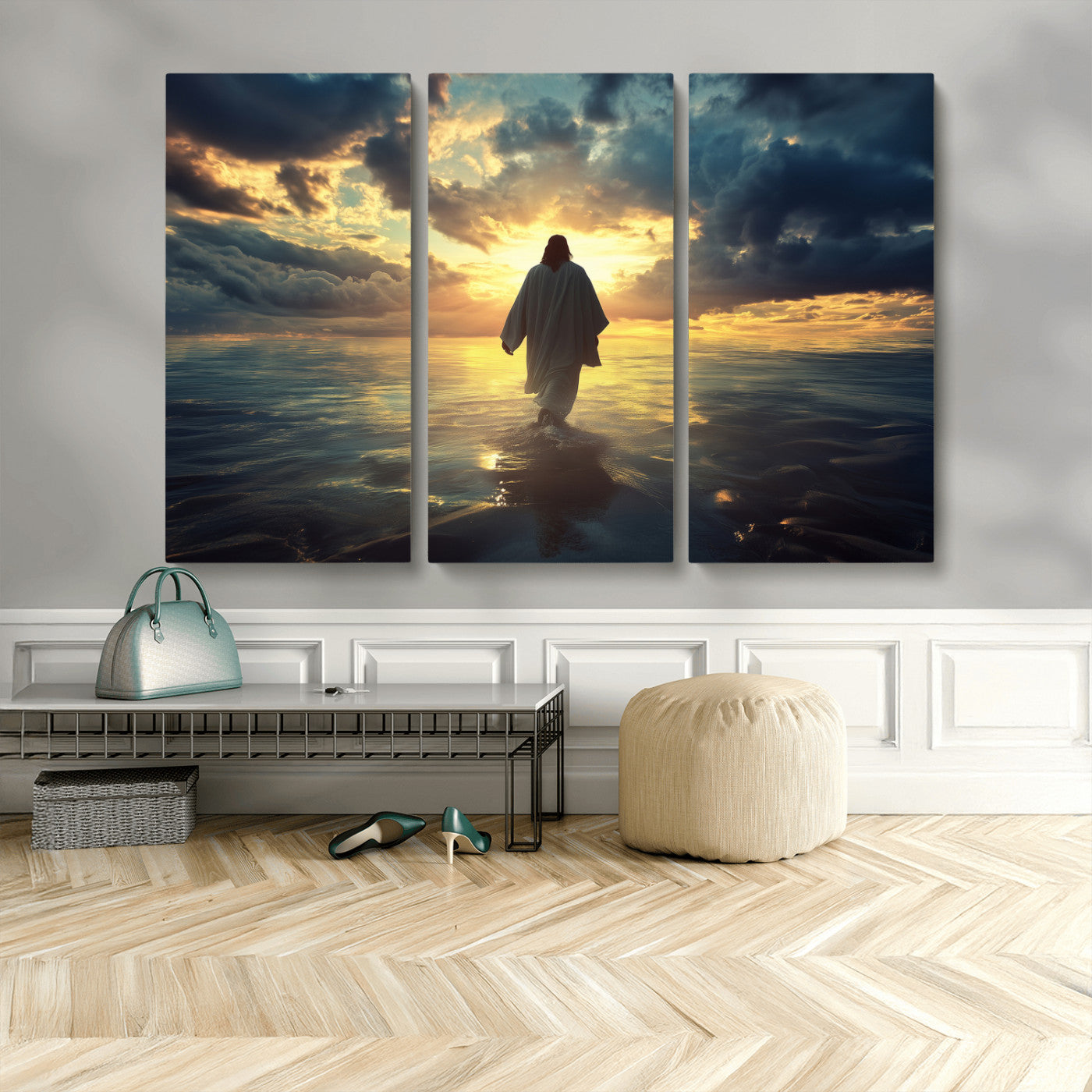 MGV-CV-48X32-3P - Jesus Walks Wall Art Canvas Print, Framed Divine Sunset Art Picture Print, Spiritual Light Perfect Spiritual Tranquil Decor Artwork