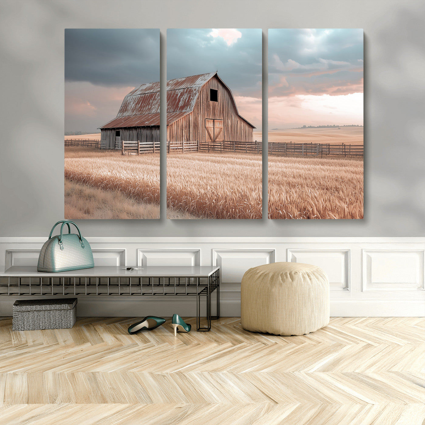MGV-CV-48X32-3P - Rustic Barn Wall Art Canvas Print, Framed Wheat Field Art Picture Print, Sunset Barn Perfect Vintage Farmhouse Decor Artwork
