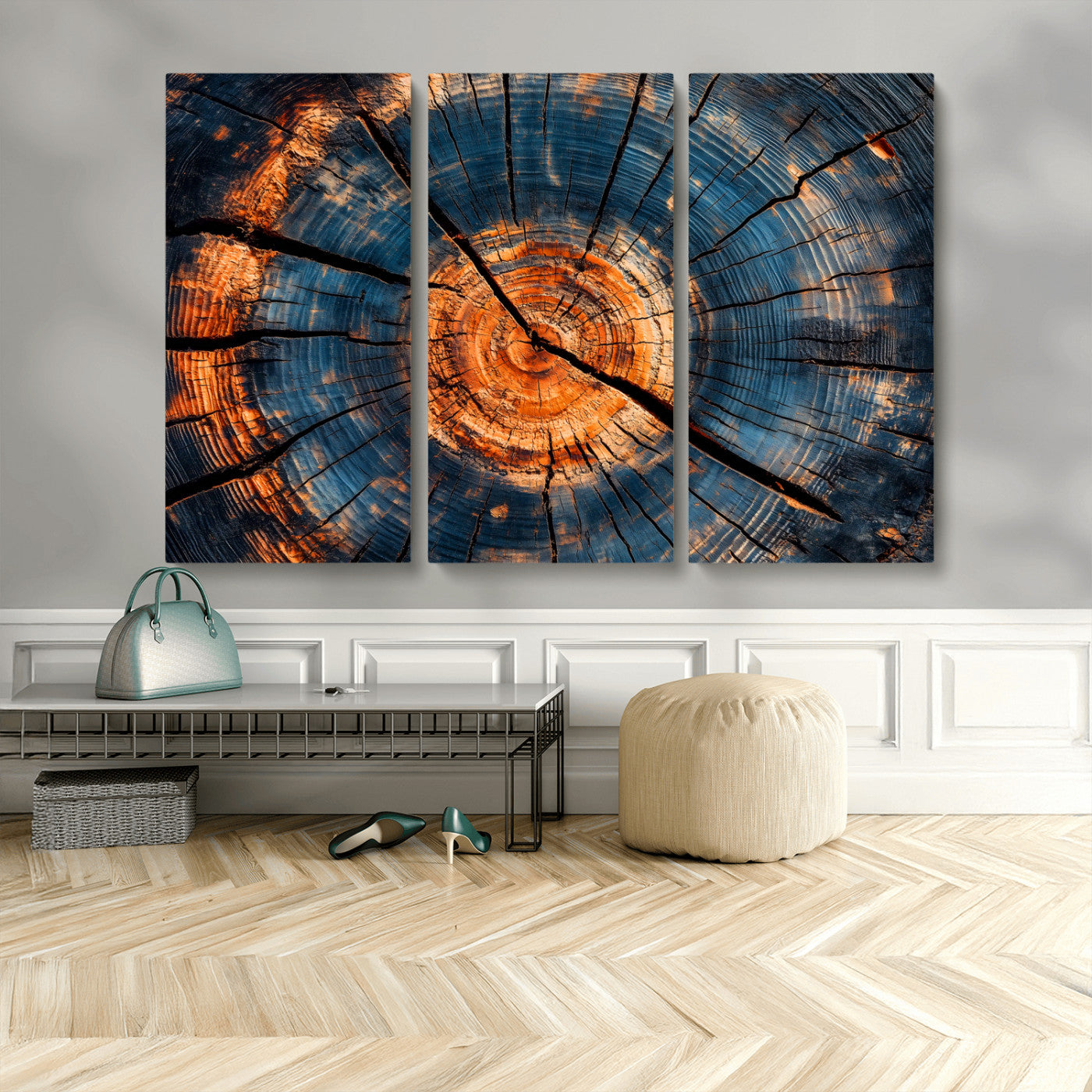 MGV-CV-48X32-3P - Burnt Wood Wall Art Canvas Print, Framed Aged Timber Art Picture Print, Rustic Tree Slice Perfect Rustic Decor Artwork
