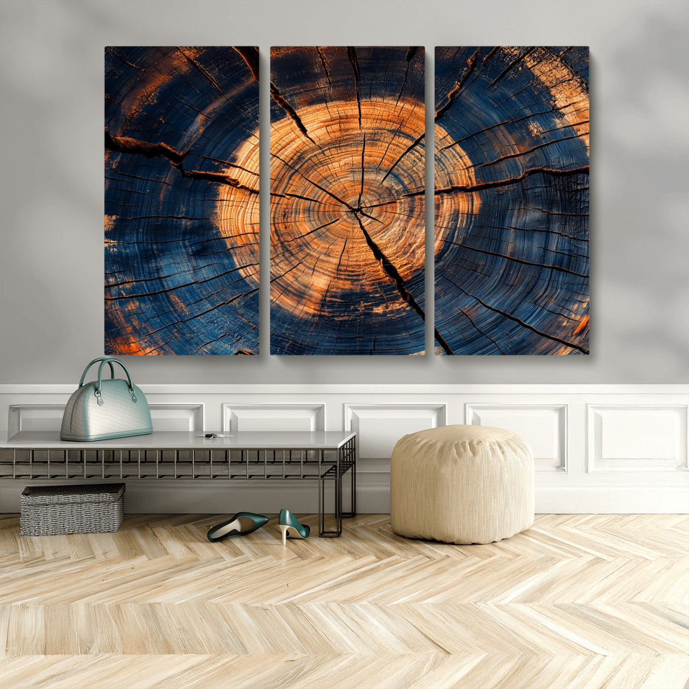 MGV-CV-48X32-3P - Burnt Wood Wall Art Canvas Print, Framed Aged Timber Art Picture Print, Rustic Tree Slice Perfect Rustic Decor Artwork