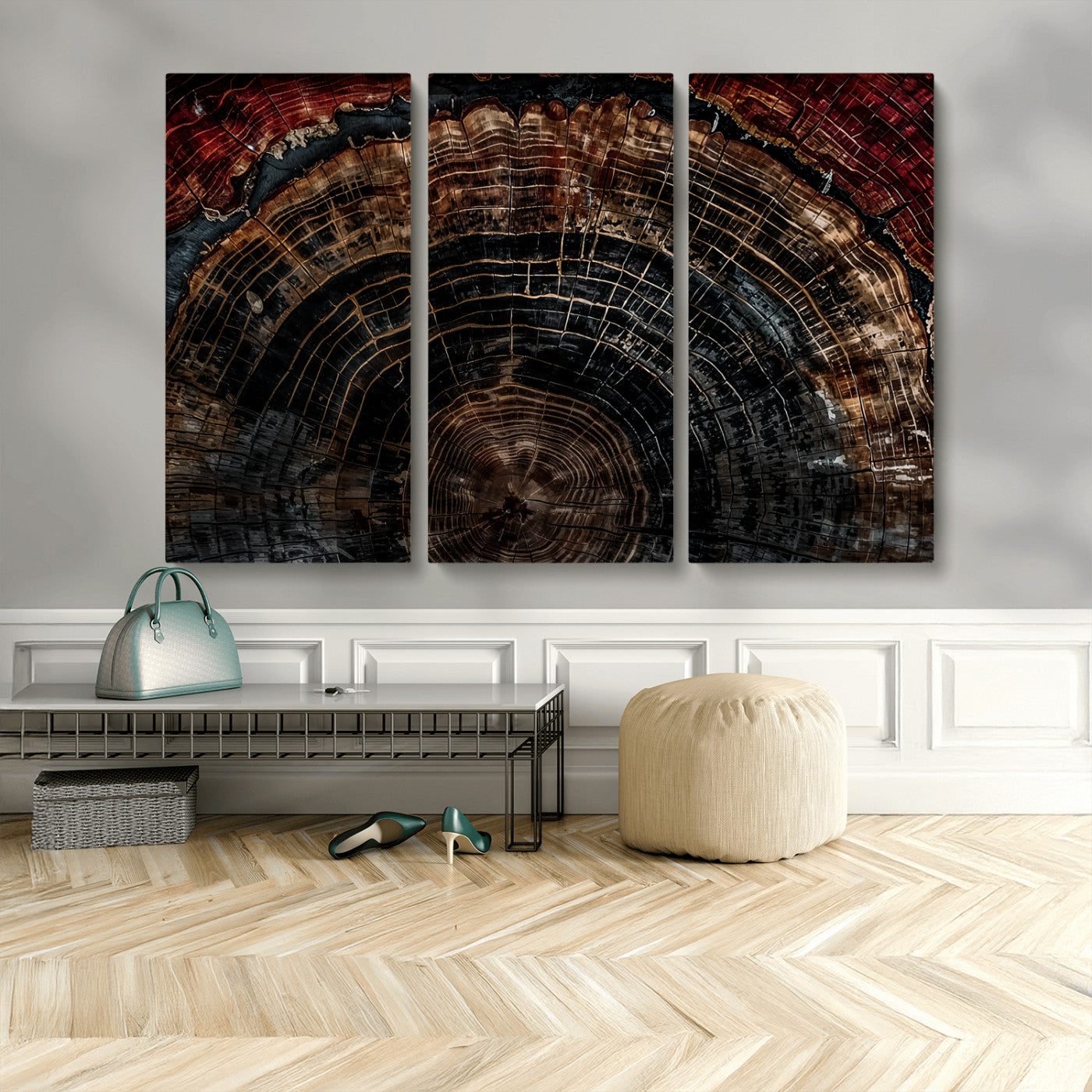 MGV-CV-48X32-3P - Dark Wood Ring Wall Art Canvas Print, Framed Abstract Wood Tree Art Picture Print, Rustic Tree Slice Perfect Rustic Decor Artwork