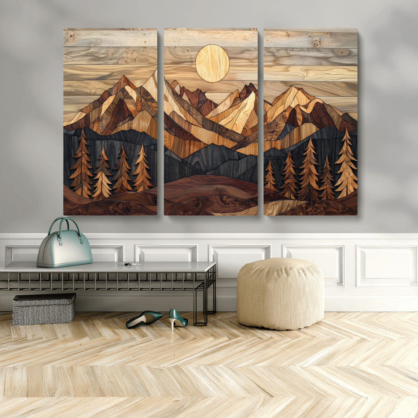 MGV-CV-48X32-3P - Wood Mountain Landscape Wall Art Canvas Print, Framed Sunset Hills Art Picture Print, Abstract Nature Perfect Boho Decor Artwork