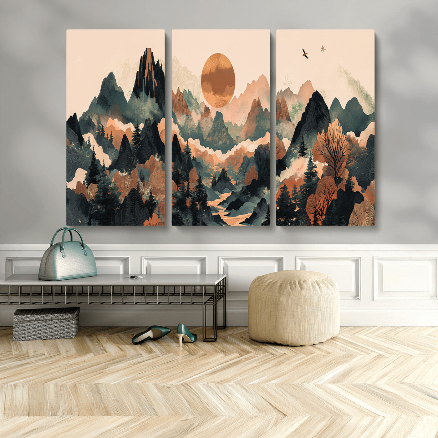 MGV-CV-48X32-3P - Wood Mountain Landscape Wall Art Canvas Print, Framed Sunset Hills Art Picture Print, Abstract Nature Perfect Boho Decor Artwork
