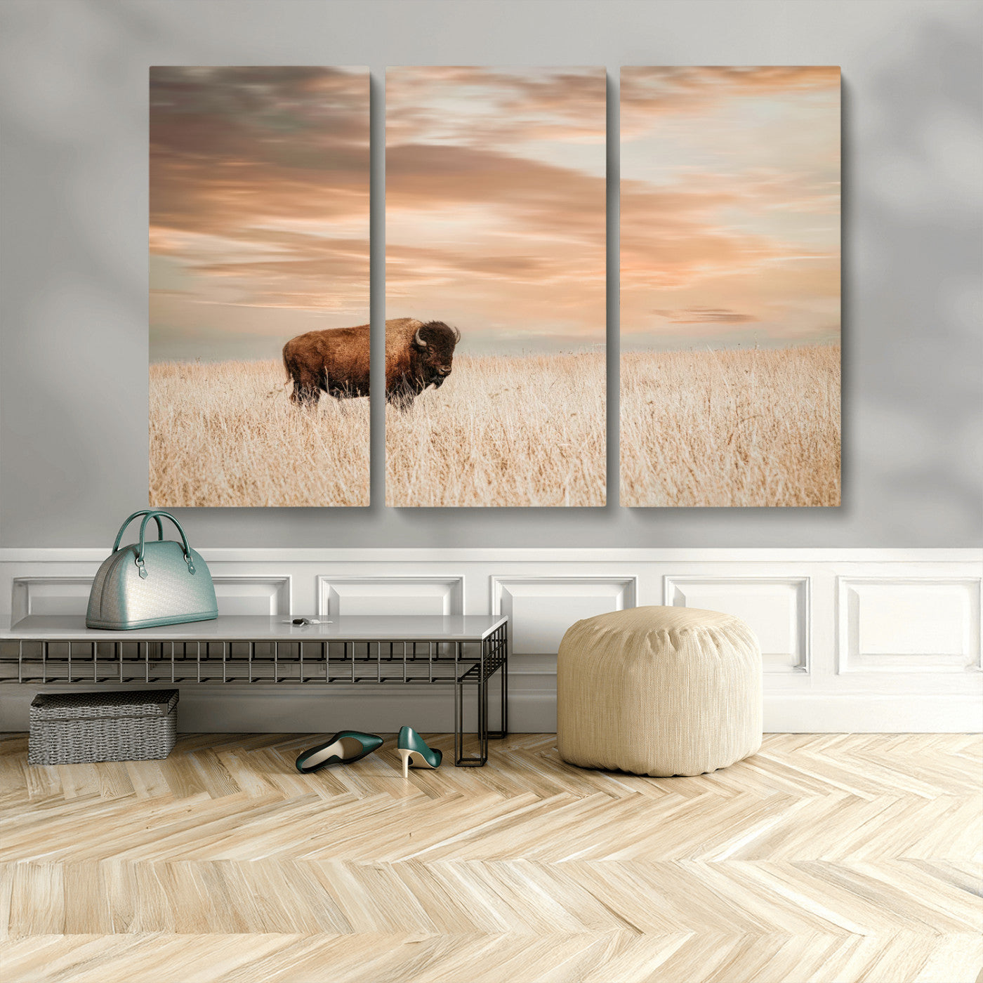 MGV-CV-48X32-3P - Bison Wall Art Canvas Print, Framed Buffalo Art Picture Print, Western Prairie Perfect Rustic Decor Artwork