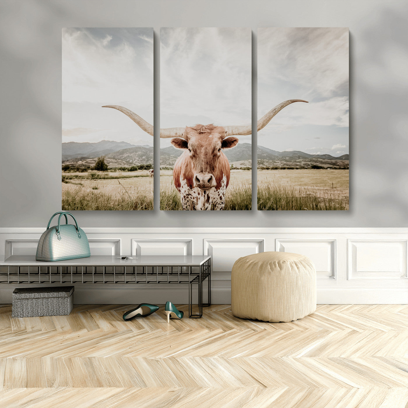 MGV-CV-48X32-3P - Texas Longhorn Wall Art Canvas Print, Framed Western Cow Art Picture Print, Rustic Farmhouse Perfect Farmhouse Decor Artwork