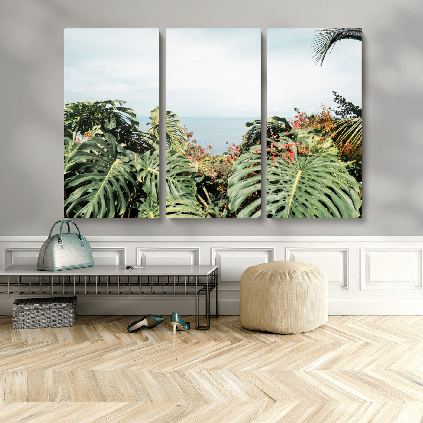 45700479-MGV-CV-36X24 - Tropical Greenery Wall Art – Exotic Leaves & Ocean View Canvas Print, Sunlit Paradise and Vibrant Nature for Living Room or Coastal Decor